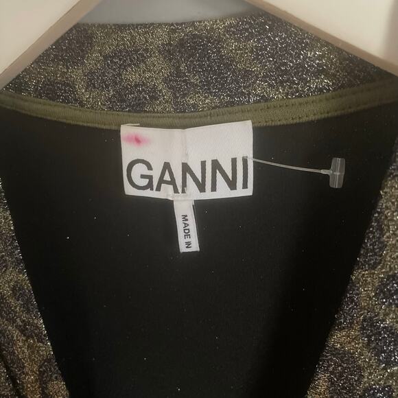 Ganni Leopard Print Cardigan Shimmer Capsule Wardrobe Office sz 40 PTP 19" sz L - Picture 2 of 8